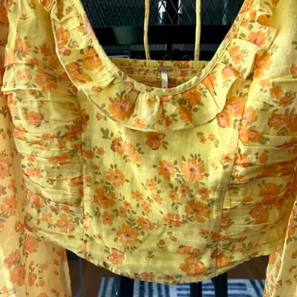Free People Yellow Floral Print Blouse Ruffles Ruching Balloon Sleeve Small NWT